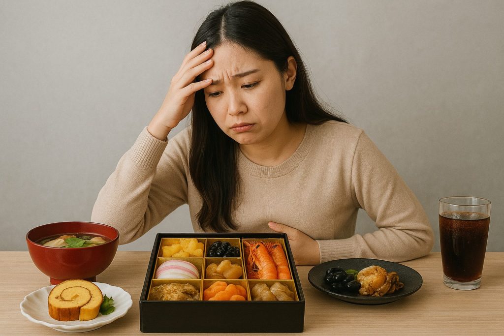 お節料理を食べすぎて悩む女性