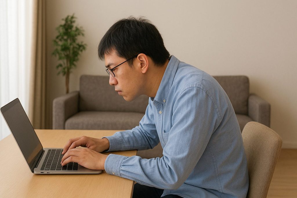 デスクワークで姿勢不良になっている男性