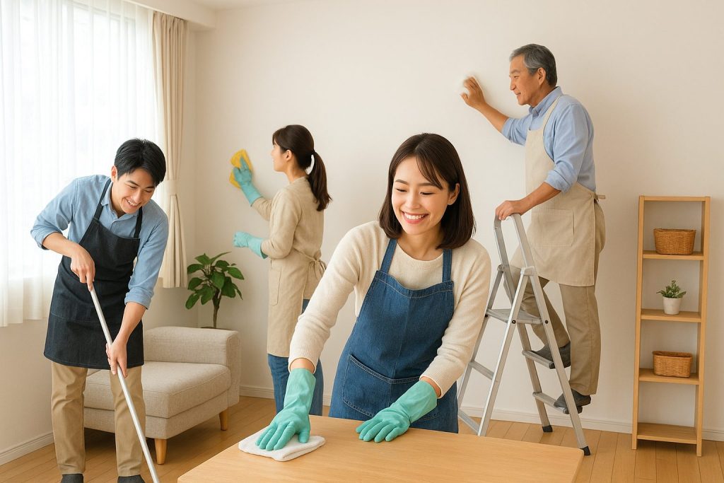 楽しく大掃除をしている家族
