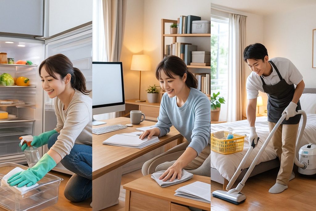 冷蔵庫、デスク周り、寝室を掃除している夫婦