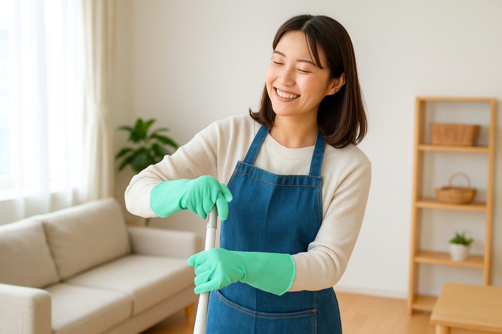 楽しく掃除をする女性