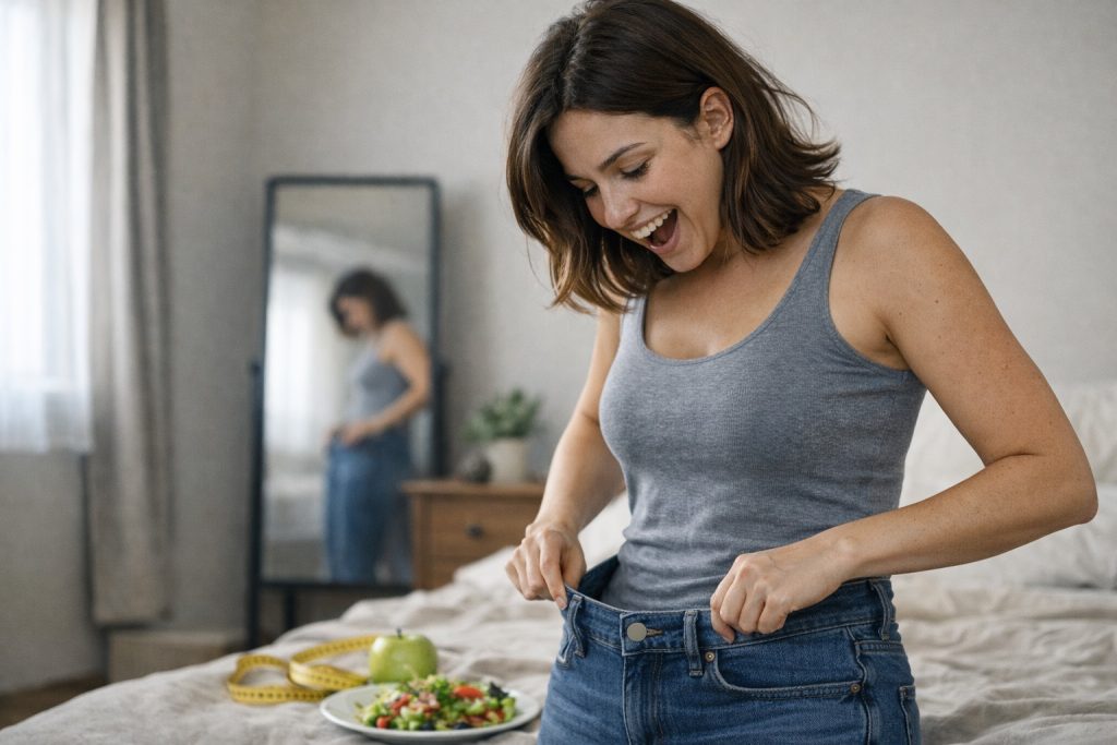 体型の変化に喜んでいる女性